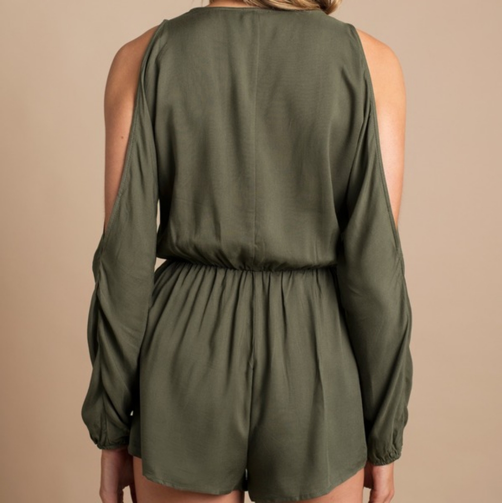 ❗BOGO❗Tobi Off the Shoulder Slit Deep V neck Olive Romper - Picture 3 of 3